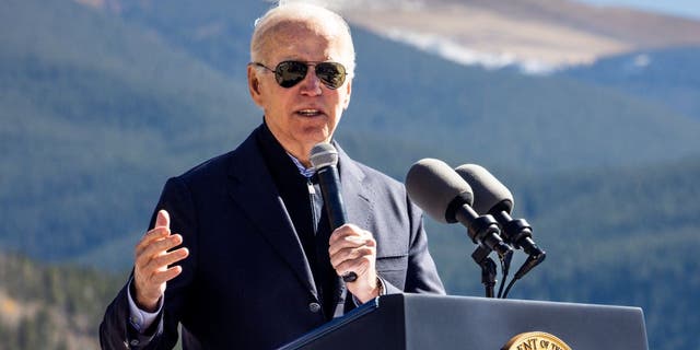 President Biden gives a speech before designating Camp Hale as a national monument in Red Cliff, Colorado on Oct. 12, 2022.